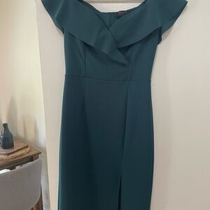 Teal Off-Shoulder Sheath Dress with Ruffled Slit